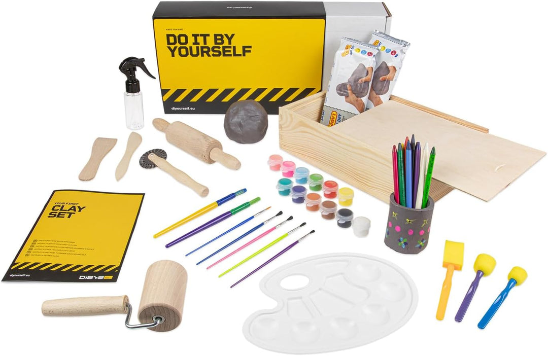 DIBYS Töpfer-Set für Kinder & Erwachsene | Mit Modellier-Werkzeug, Ton lufttrocknend & grau, Farbe &