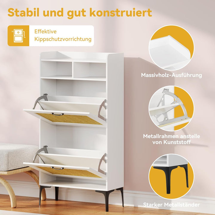 Dripex Schuhschrank schmal, Schuhkipper mit Rattan-Dekor, mit 2 Flip-Schubladen,Schuhregal schmal mi