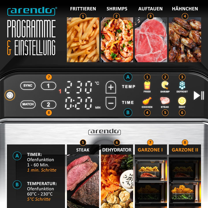 Arendo – Heissluftfritteuse XXL Edelstahlgehäuse - 2 Kammern Doppelstock – 11 Liter Airfryer 2 Zonen