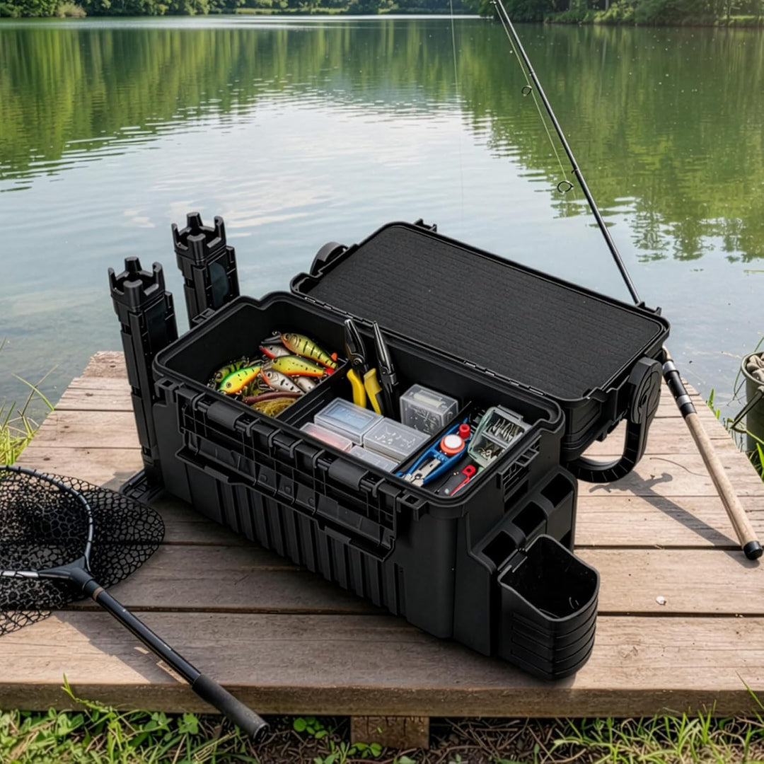 2-stöckig Gross Angelkoffer Tackle Box mit Rutenhalter & Becherhalter, klappbarem Tragegriff, 43×23×