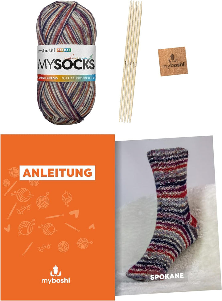myboshi Strickset Socken Spokane, Strickset für Anfänger, inkl. mysocks, 4-fädige Sockenwolle, Nadel