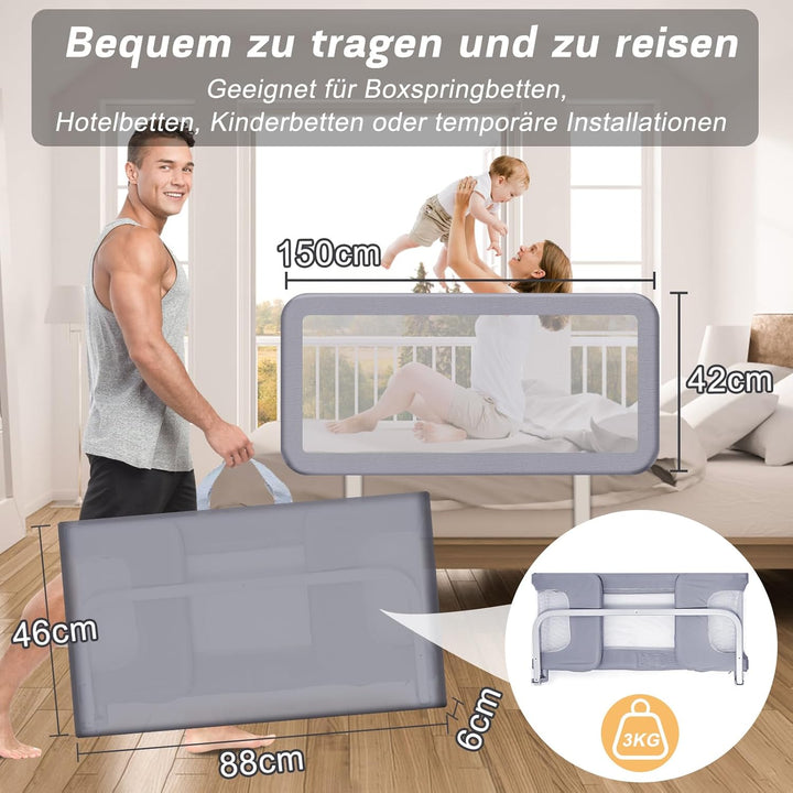 YIKANWEN Tragbare Bettgitter 175cm, Bettschutzgitter für Kinder ab 0 Monate-10 Jahren, Rausfallschut
