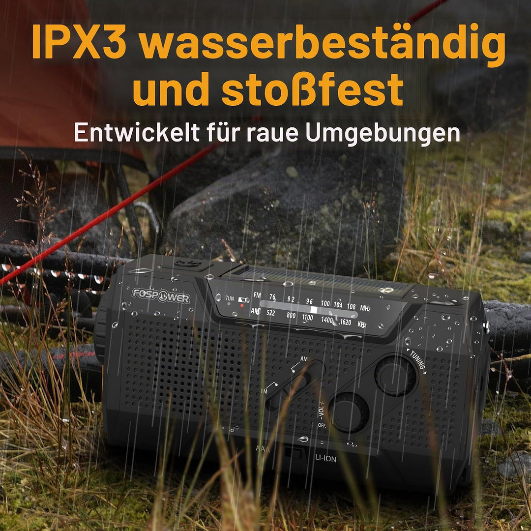 FosPower Notfallradio NOAA/AM/FM mit 7400mWh Tragbare Powerbank, Aufladung per USB/Solar/Handkurbel,
