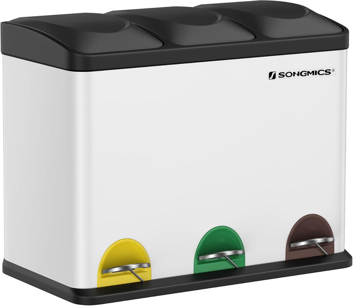 SONGMICS Mülleimer Küche, Mülltrennsystem 3 Fächer, Abfalleimer, 45 Liter Treteimer aus Metall, 3 x