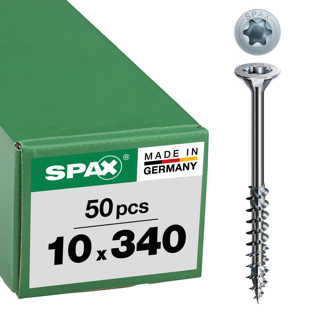 SPAX Holzbauschraube, 10,0 x 340 mm, 50 Stück, T-STAR plus, Senkkopf, Teilgewinde, 4CUT, WIROX A3J,
