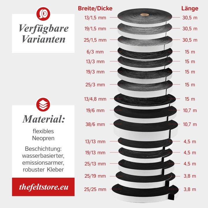 Dichtungsband selbstklebend, 38mm breit, 6mm stark, 10,7m lang, Dichtband aus Schaumstoff, Moosgummi