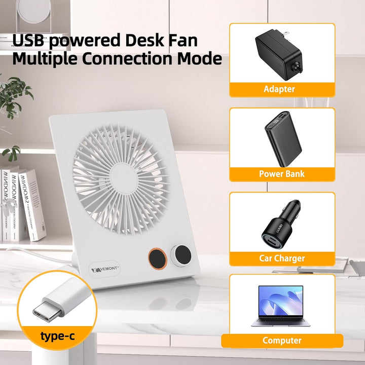VEMONT Mini Tischventilator, USB Ventilator,5000mAh Akku-Ventilator,180°Kippbarer tragbarer Ventilat