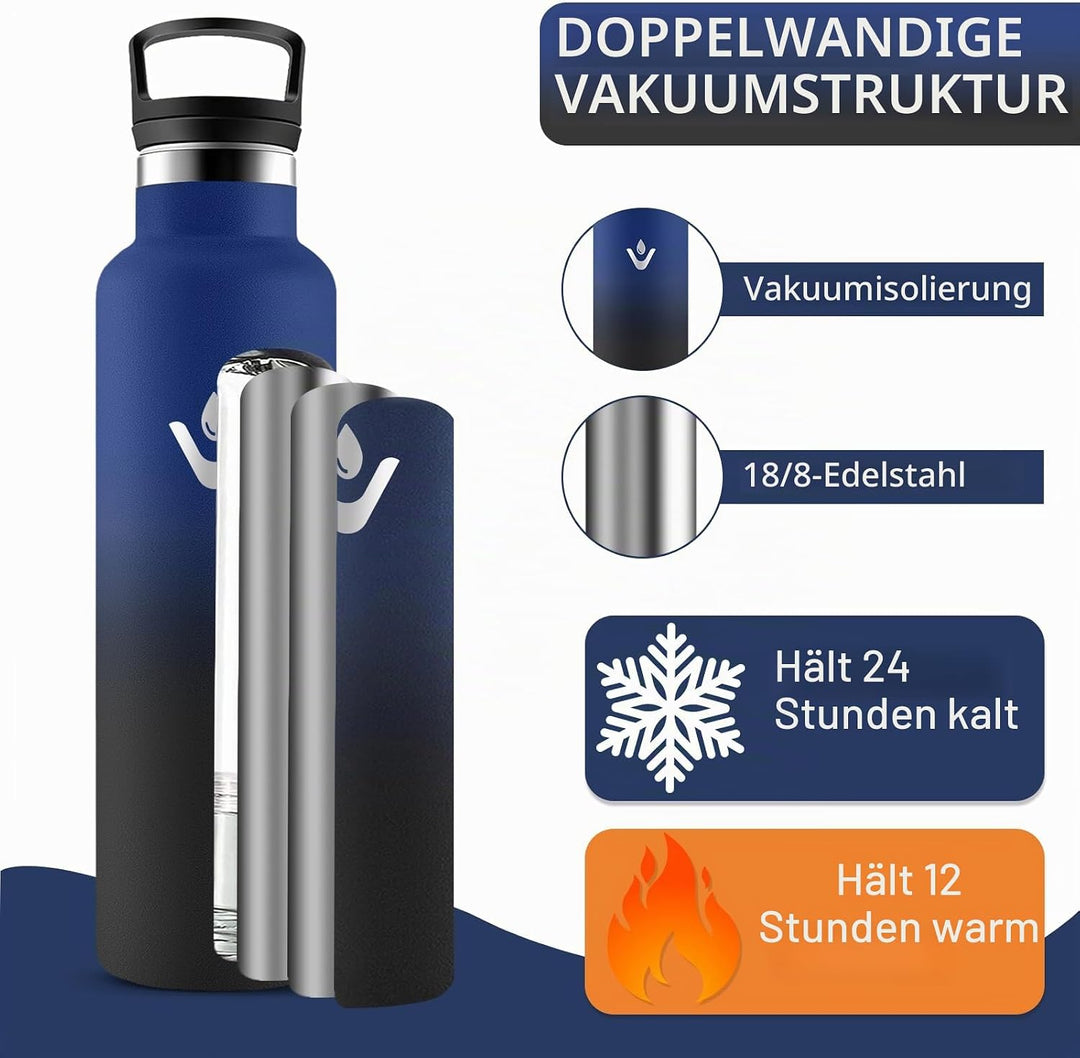 Trinkflasche 1L, Wasserflasche Isolierflasche BPA-Frei, Kohlensäure Geeignet, Thermosflasche 1l Ausl