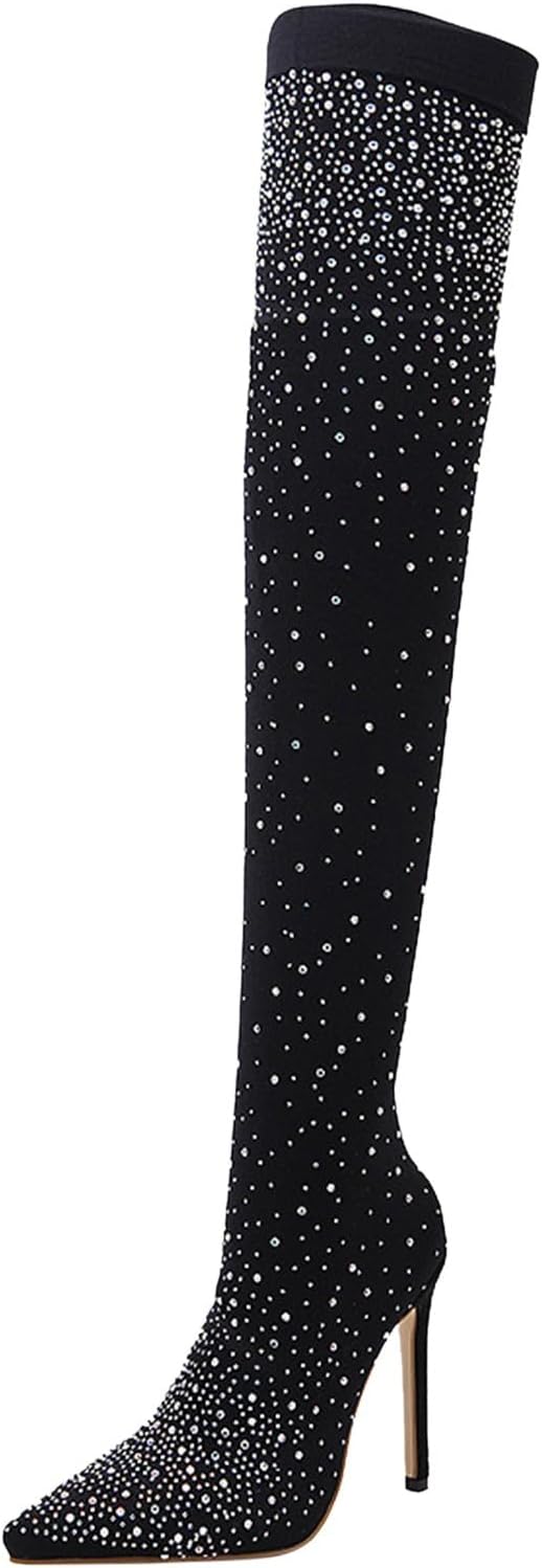 Winterstiefel Damen, Winterstiefel Damen mit Absatz Stilettos Glitzer Strass Overknee Stiefel Langsc