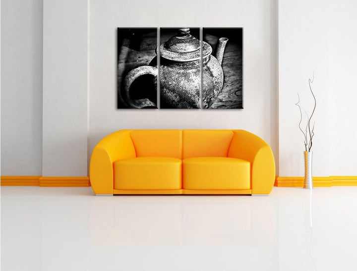 Pixxprint Monocrome, stilvolle alte Teekanne aus Keramik 3-Teiler Leinwandbild 120x80 Bild auf Leinw