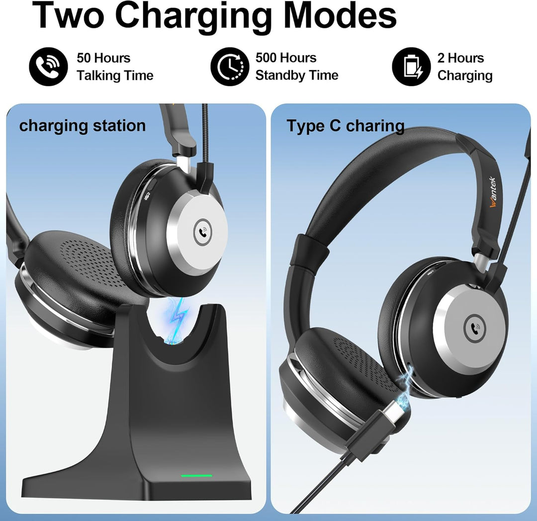 Wantek Kabelloses Headset mit Mikrofon, Bluetooth Headset mit Ladestation, Wireless Kabelloses Headp