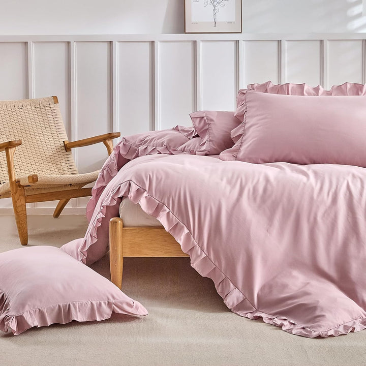 Lekesky Rüschen Rosa Bettwäsche 200x200 cm 3 Teilig Mädchen Mikrofaser Bettwäsche Blumen mit Reissve