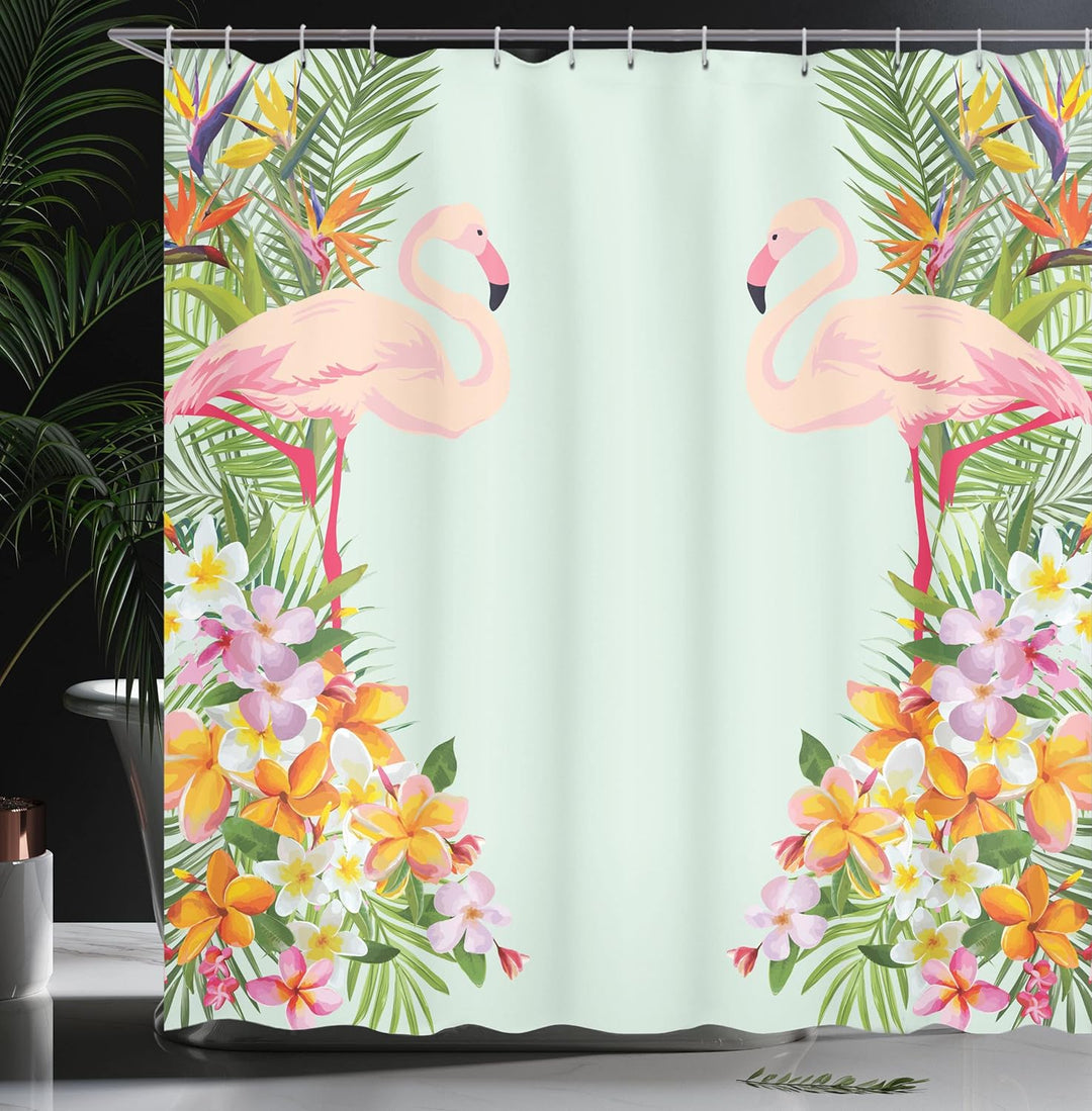 ABAKUHAUS Flamingo Duschvorhang, Tropische Blumen Tiere, mit 12 Ringe Set Wasserdicht Stielvoll Mode