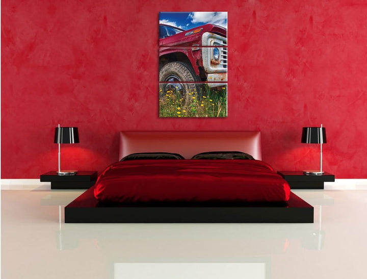 Pixxprint USA Truck auf Blumenwiese 3Teiler 120x80 cm Leinwandbild Wandbild Kunstdruck
