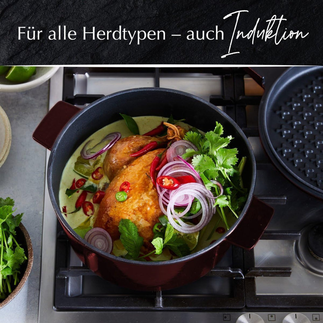 Stanley Rogers Cocotte runder Gusseisen Bräter emailliert 6,5l 28cm bordeaux I Praktische Grillpfann