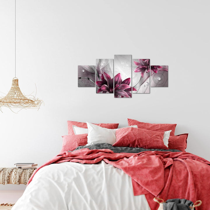 Runa Art Wandbilder Blumen Lilien 5 Teilig Bild auf Vlies Leinwand Deko Wohnzimmer Abstrakt Grau Rot