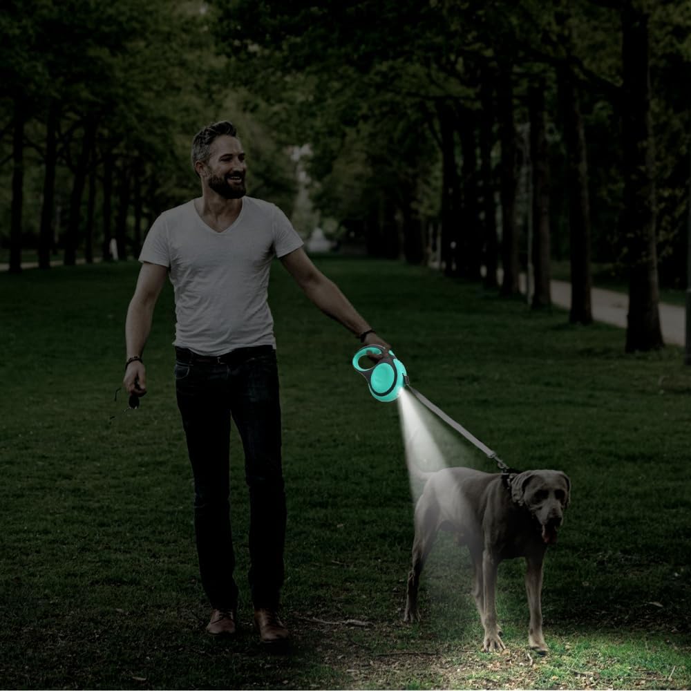 Einziehbare Hundeleine, 3/5 m, 30 kg, Robuste Hundeleine mit LED Taschenlampe, Einhandbremse Haustie