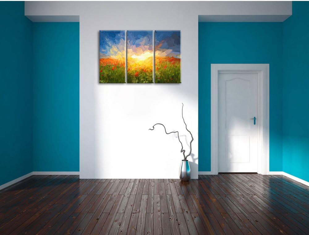 Pixxprint Blühende Mohnwiese in der Sonne Pinsel Effekt 3-Teiler Leinwandbild 120x80 Bild auf Leinwa