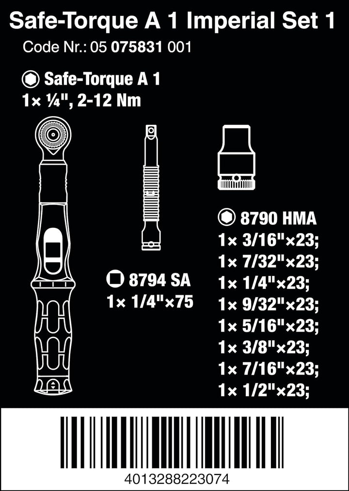 Wera 05075831001 Safe-Torque A 1 Imperial Set, Drehmomentschlüssel-Satz, 1-4'' Vierkant, 2-12 Nm, 10