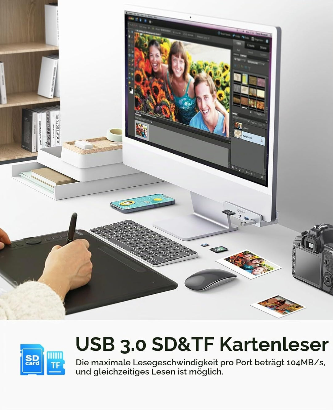 ORICO USB Hub 3.0 Mit SD/TF Kartenleser - 5 in 1 Verteiler Mit 2 USB-A Ports, 3.5 mm Audio, 5Gbps -