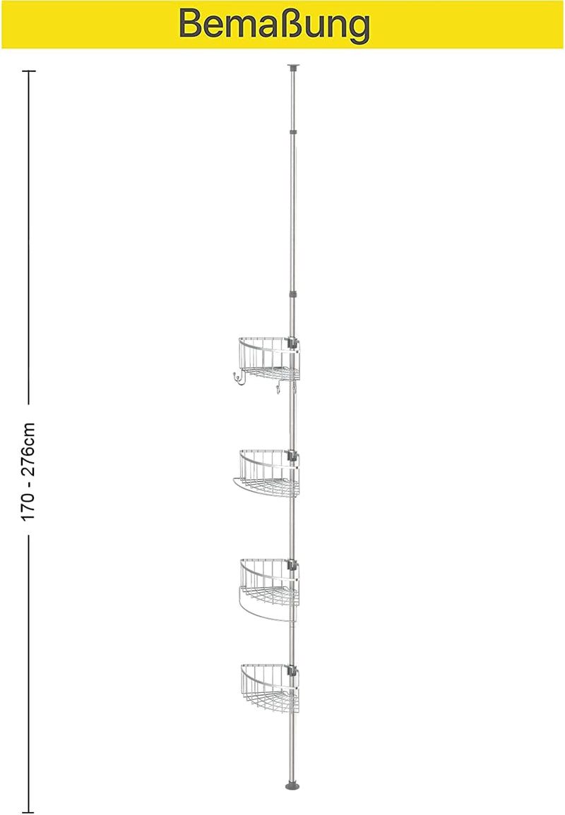 EISL Teleskop Duschregal mit 4 Duschkörben, Duschablage ohne bohren, Badezimmer Zubehör, Korb Aufbew