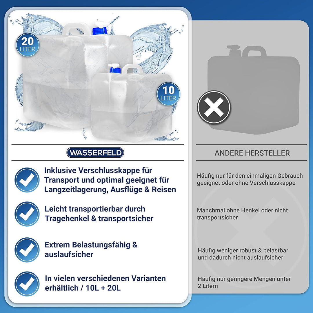 [10L - 20L Wasserkanister Faltbar inkl. auslaufsicherem Dosierhahn &amp; Tragehenkel - Robuster Trinkwas