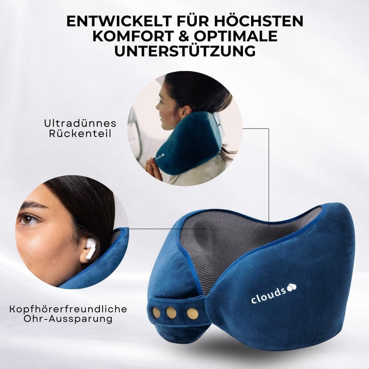 CLOUDS Nackenkissen Flugzeug & Auto – Einstellbares Memory Foam Reisekissen in 2 Grössen für Erwachs