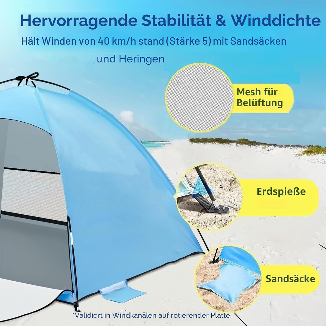 Strandmuschel UV Schutz, UPF 50+ Strandzelt Kleines für 2/3/4 Personen, Tragbarer Strand Zelt, Winds