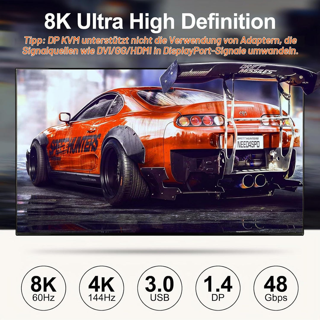 DP KVM Switch 4 Computer 2 Monitore, KCEVE USB 3.0 Displayport KVM-Umschalter für zwei Monitore, unt