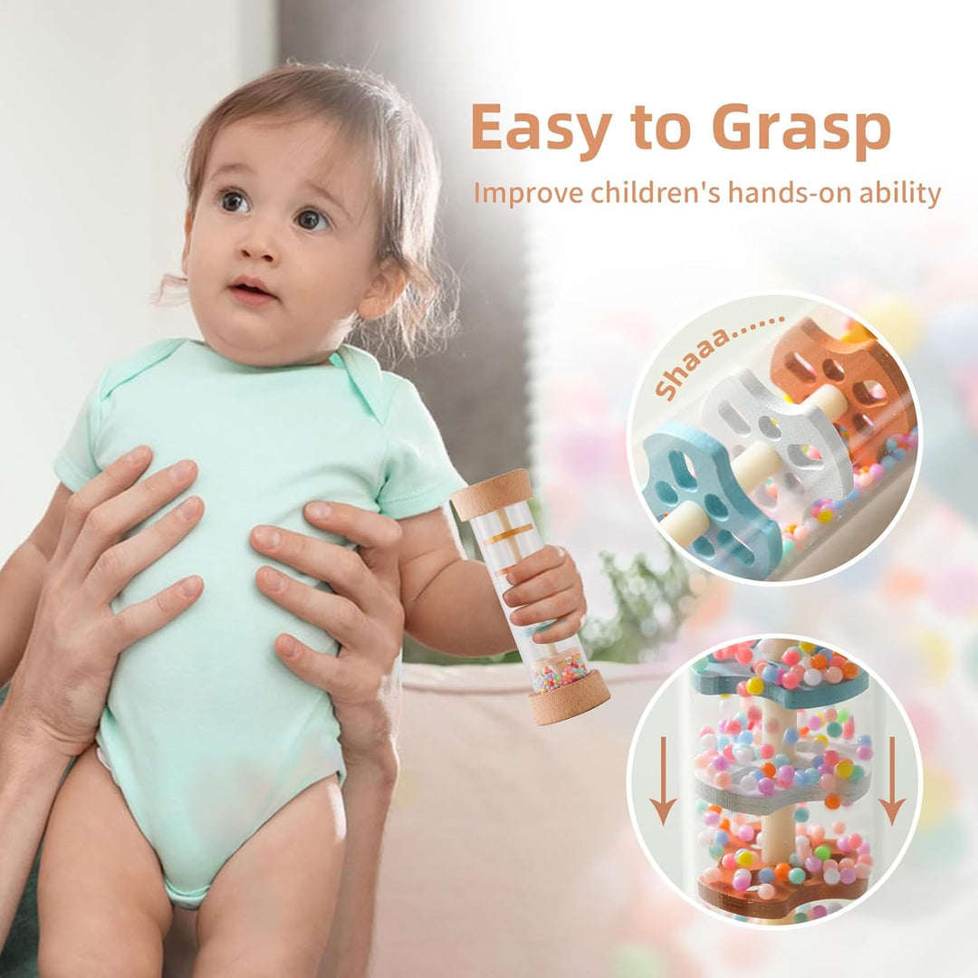 WOODEN TEETHER Regenmacher Rassel Baby – Holz Musikspielzeug mit Beruhigendem Regenklang, Sensorisch