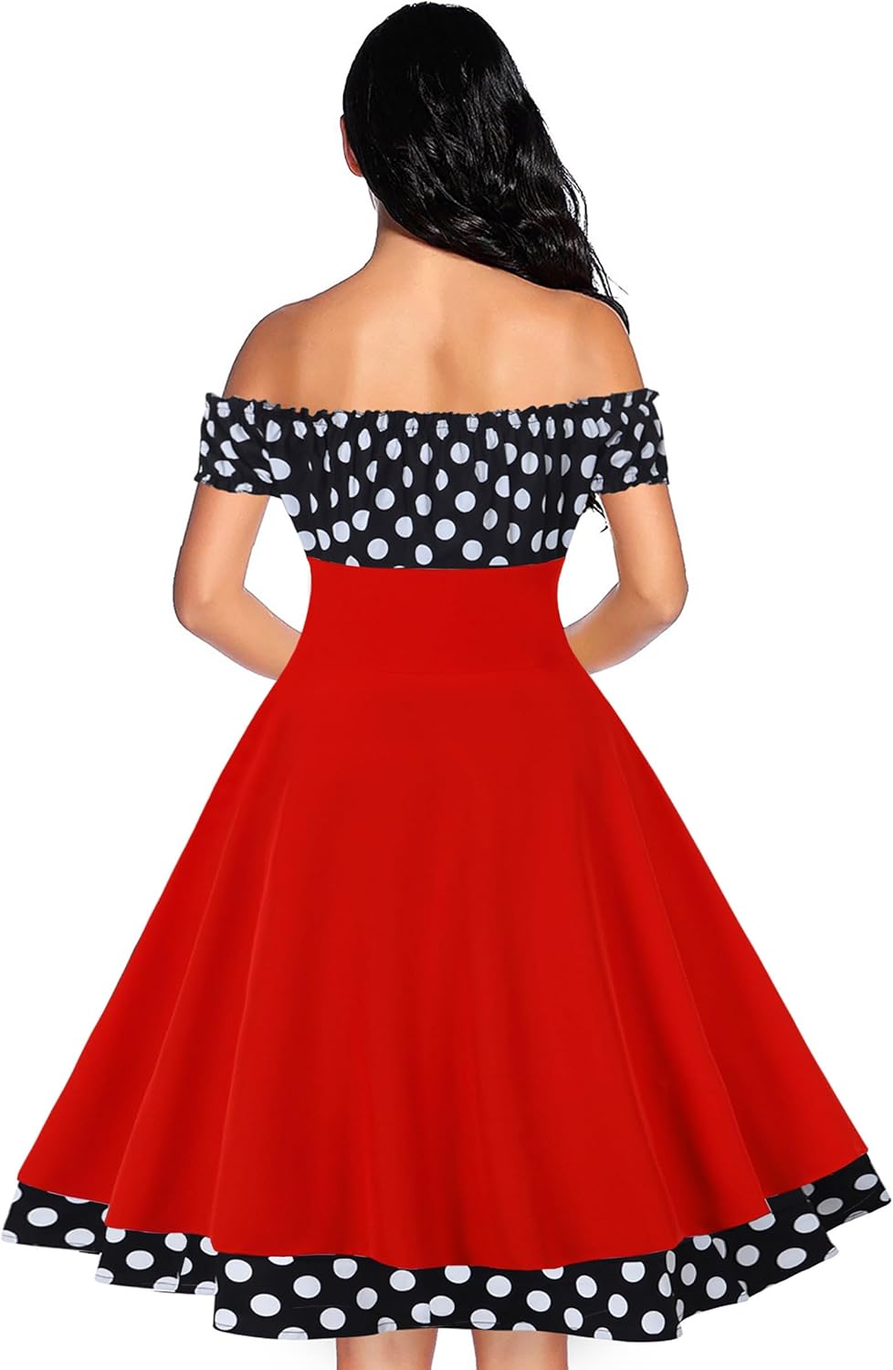 AXOE Damen Schulterfrei Kleid 50er Jahre Cocktailkleid mit Kurz Ärmel XS Rot/Schwarz, XS Rot/Schwarz
