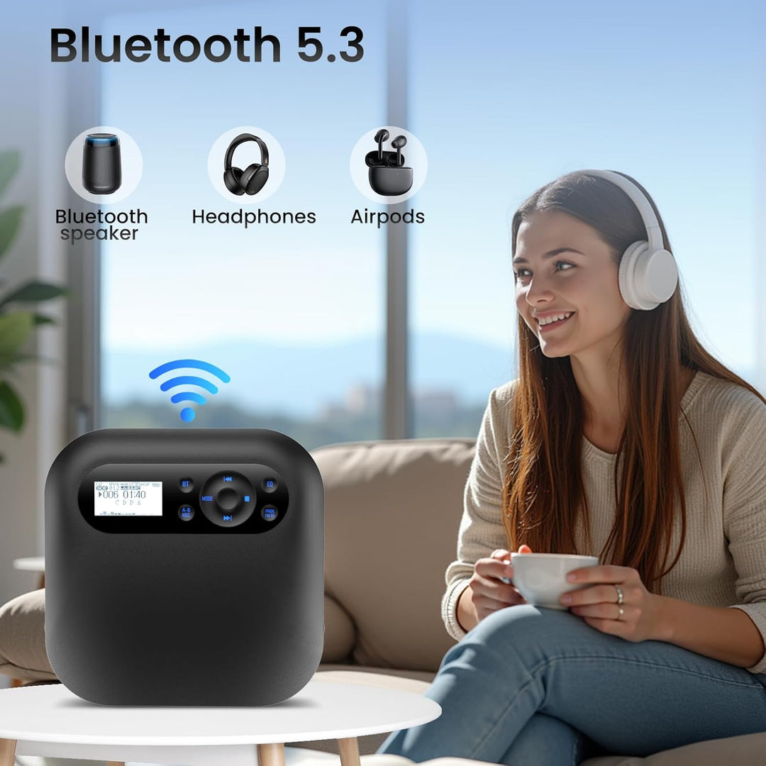 Tragbarer CD Player mit Bluetooth, NEU Wiederaufladbar Discman CD Player für Auto mit FM, Zwei Stere