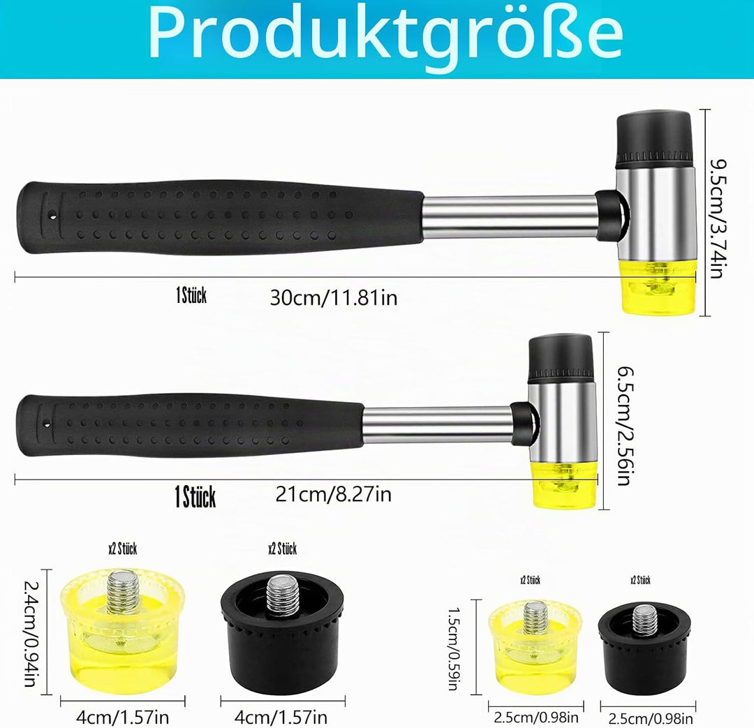 2 Stk Doppelkopf Gummihammer, Doppelkopfhammer 25/40mm mit Rutschfest Gummigriff & 8 Ersatz-Hammerkö