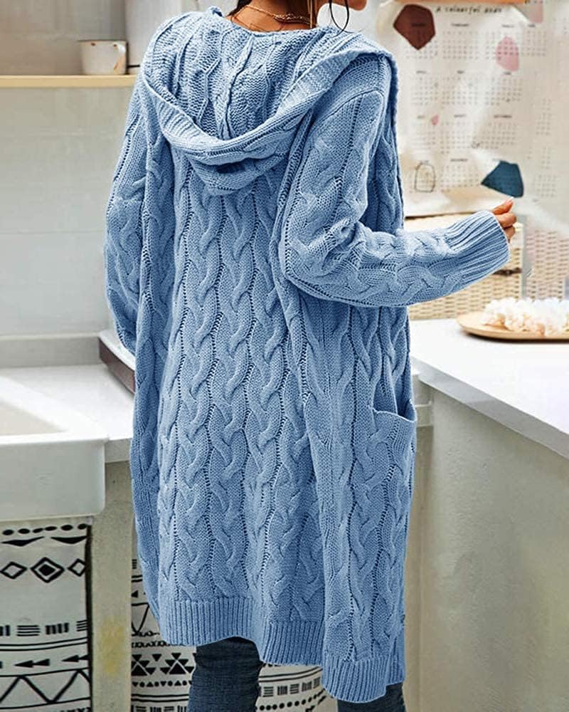GeGekoko Strickjacke Damen mit Kapuze Langarm Grobstrick-Cardigan Open Front Sweater Herbst Winter C