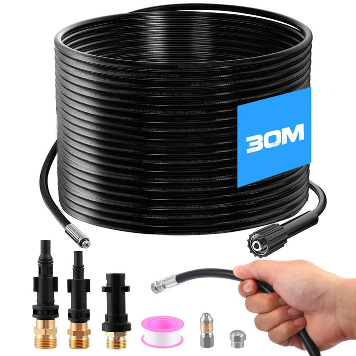 30m Rohrreinigungsschlauch Set,Druckluftschlauch mit 3 Adaptern,2 Düsen und Teflonband,5800PSI/400Ba