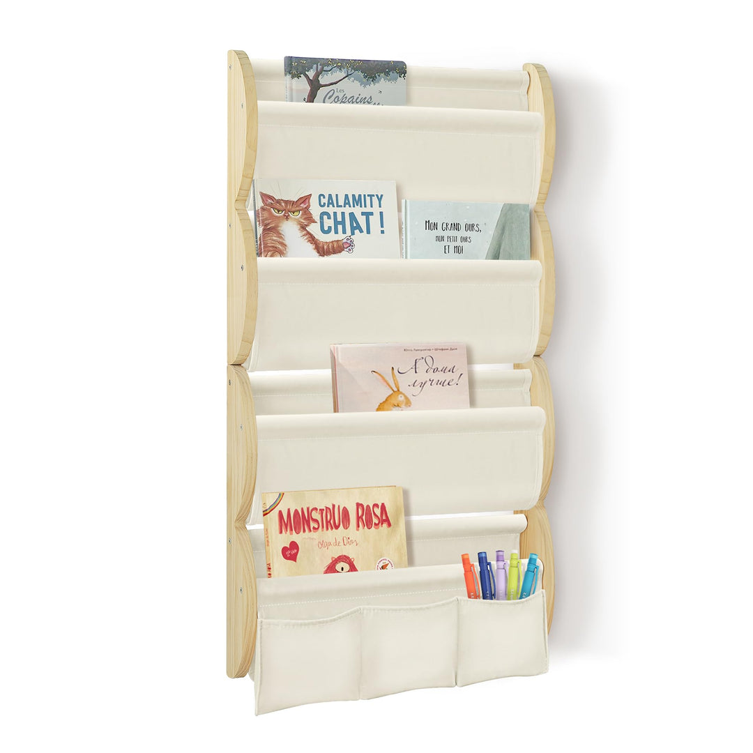 wooshwa Bücherregal Kinder Wand Kinderbücherregal Montessori mit 4 Ablagen & 3 Taschen Kinderregal W