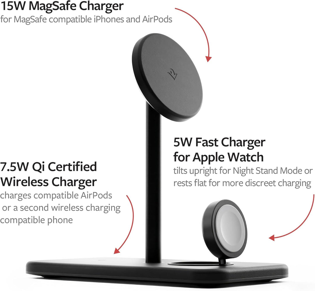 Twelve South HiRise 3 Deluxe | Compact Luxury MagSafe Stand for iPhone, AirPods and Apple Watch, Sch