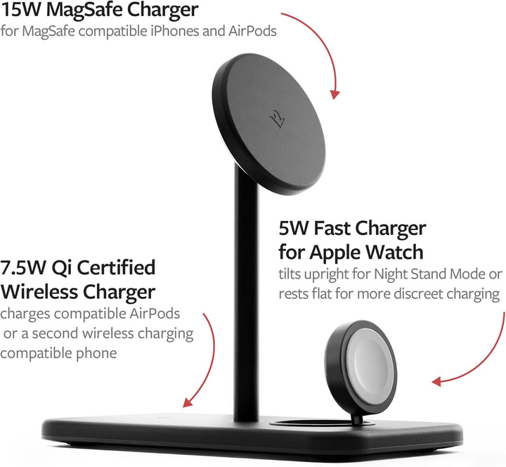 Twelve South HiRise 3 Deluxe | Compact Luxury MagSafe Stand for iPhone, AirPods and Apple Watch, Sch