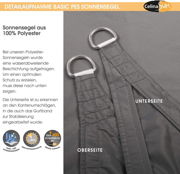 CelinaSun Sonnensegel inkl Befestigungsseile Basic Quadrat 3 x 3 m anthrazit Sonnenschutz wasserabwe