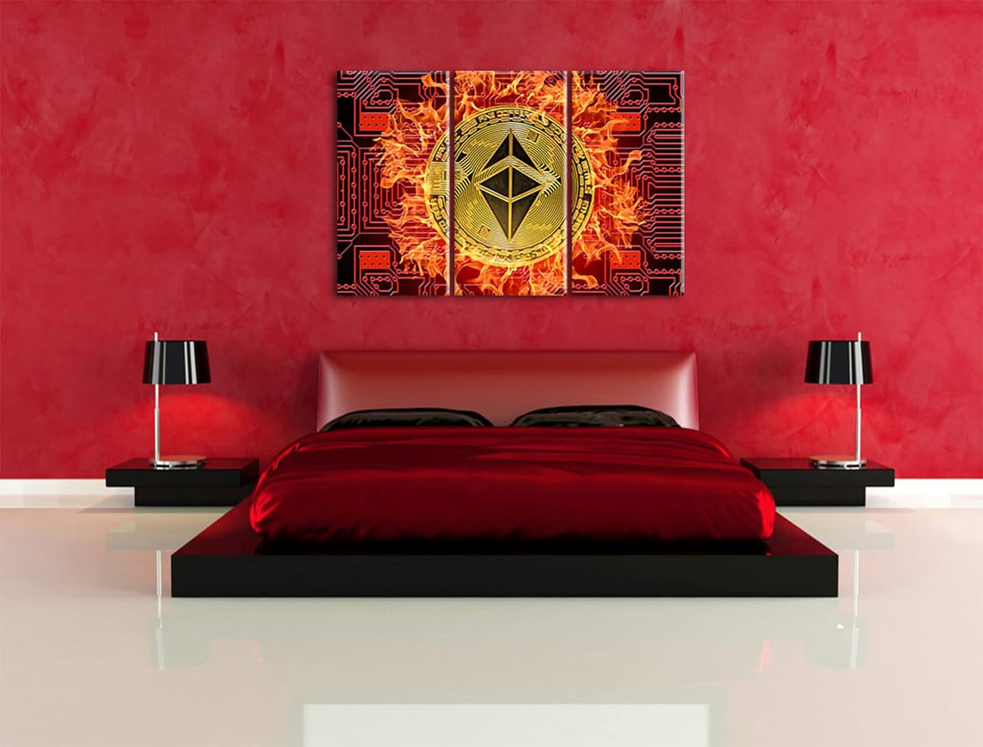 Bitcoin BTC mit Flammenals Leinwandbild 3 teilig | Grösse: 120x80 cm | Wandbild | Kunstdruck | ferti
