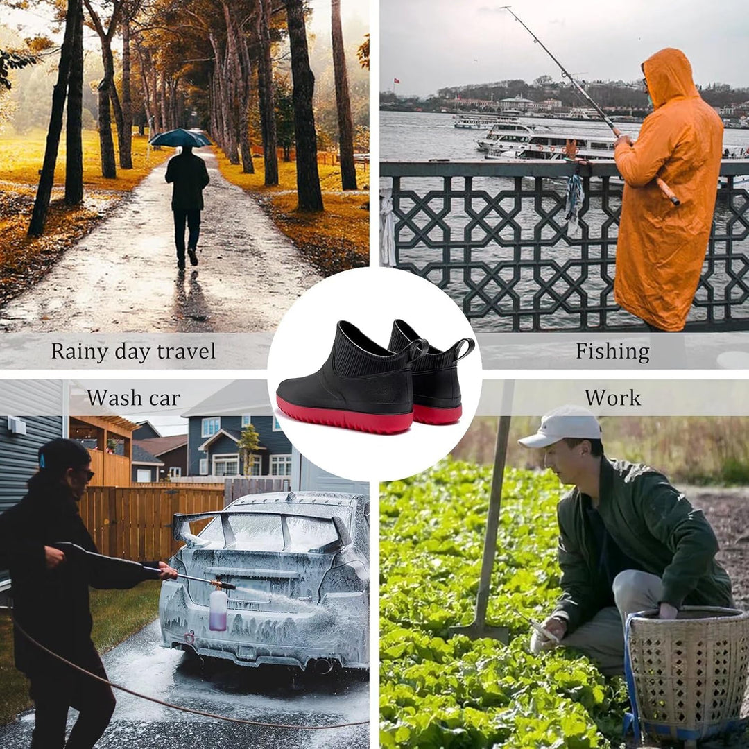 GURGER Herren Gummistiefel Kurz Wasserdicht Rutschfest Stadt Regenstiefel 39 EU Schwarz Rot A1, 39 E