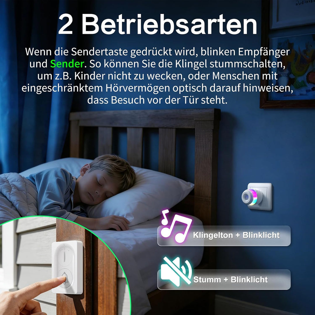 Funkklingel 1 Steckempfänger & 1 Sender, Akustische und visuelle Signale | •300 m Funkreichweite,RGB