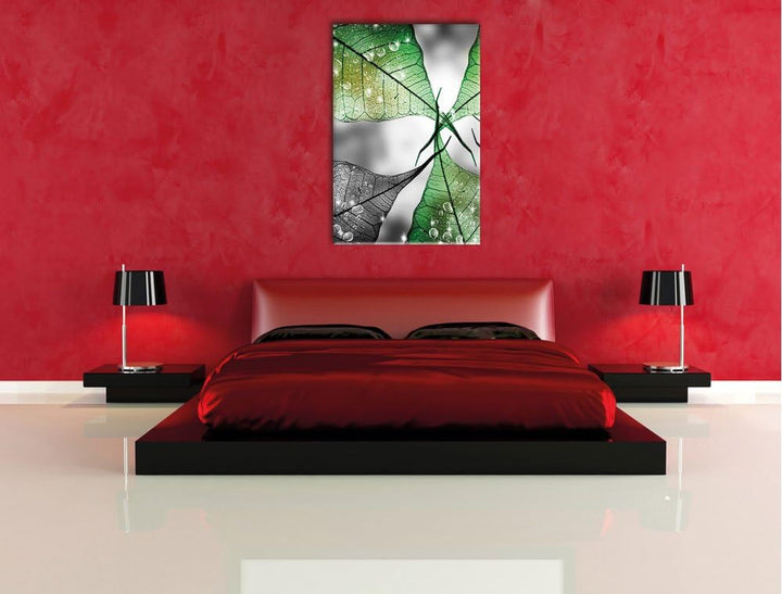 Pixxprint grüne Blätter mit Wassertropfen als Leinwandbild/Grösse: 100x70 cm/Wandbild/Kunstdruck/fer