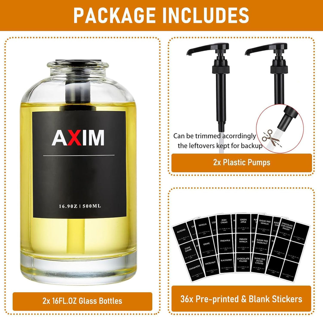 AXIM Kaffeesirupspender, 2 Stück, 500 ml, Glas-Sirupspender mit Etiketten und Trichter, Kaffeebar-Or