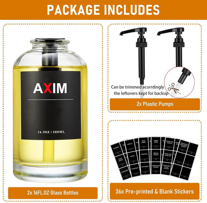 AXIM Kaffeesirupspender, 2 Stück, 500 ml, Glas-Sirupspender mit Etiketten und Trichter, Kaffeebar-Or