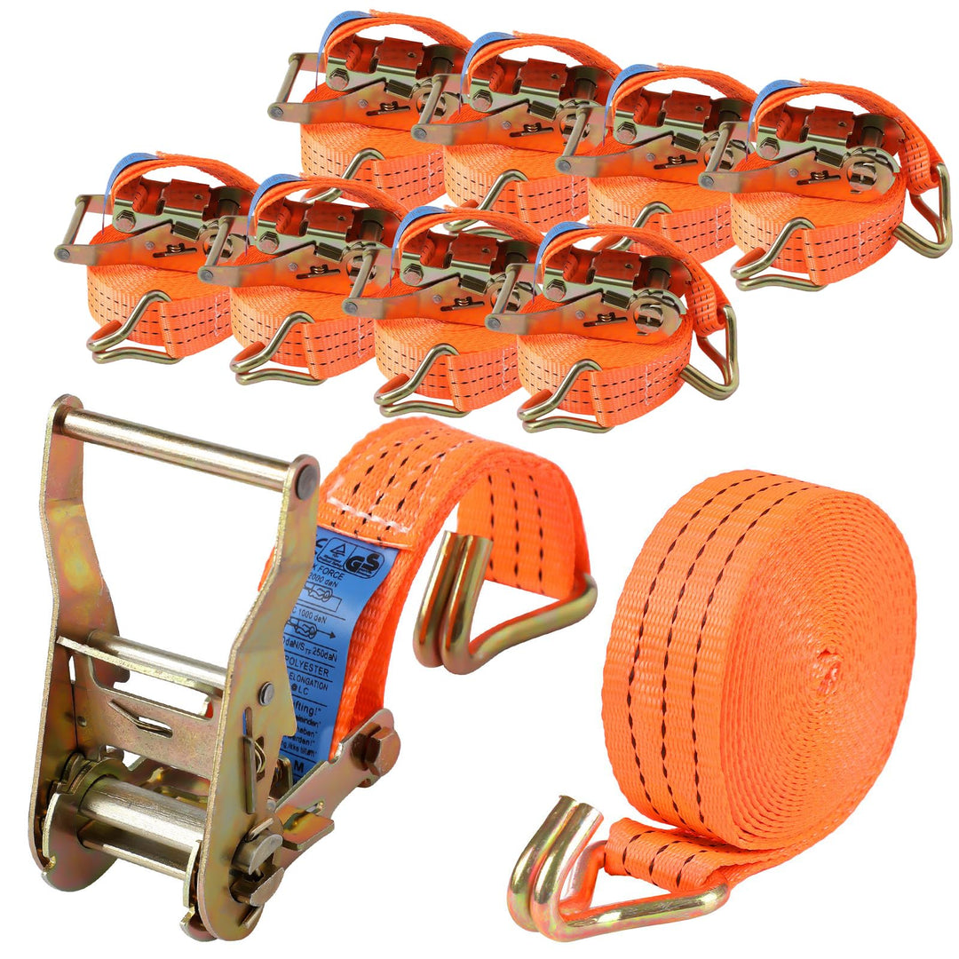 8 x Spannqurte mit Ratsche in 6m / 5m / 4m - 2000kg 38mm Spannqurt Zweiteilig - Orange Zurrgrte mit