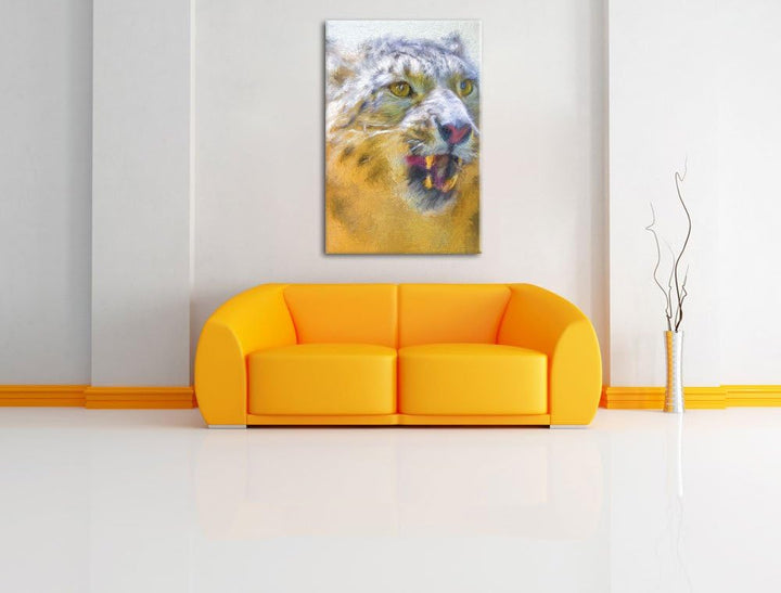 Schneeleopard zeigt Zähne Deluxe Format: 100x70 cm auf Leinwand, XXL riesige Bilder fertig gerahmt m