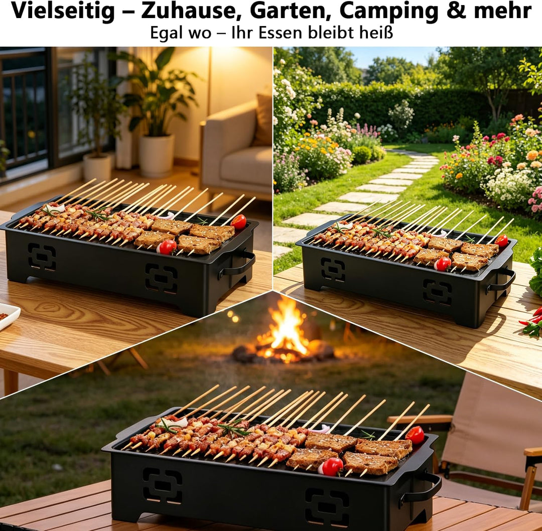 BBQ Warmhalteplatte mit 3 Teelichthaltern, Aluminium Antihaft Speisenwärmer
