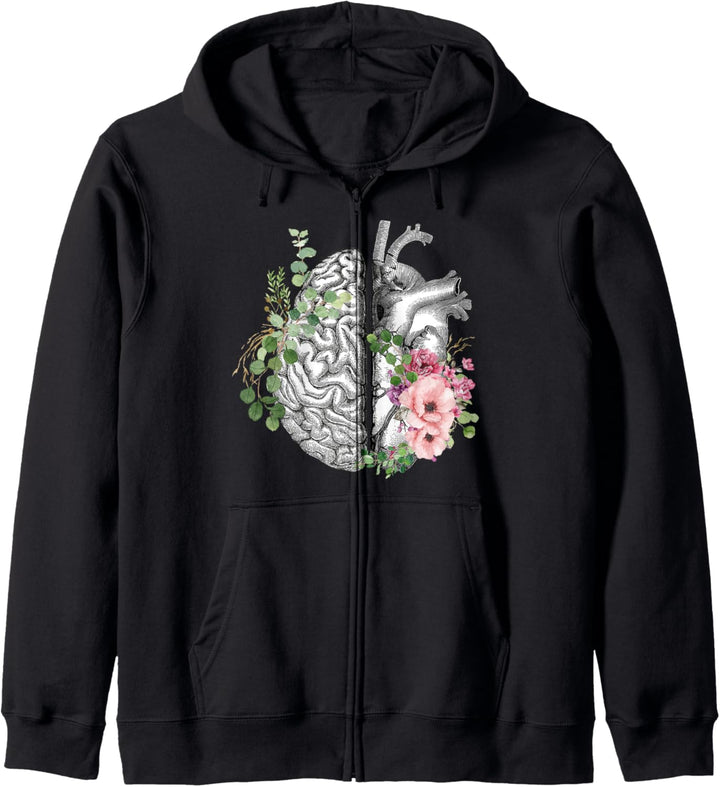 Balance Kopf und Herz, Florale Anatomie Kunst, rosa Rosen Kapuzenjacke