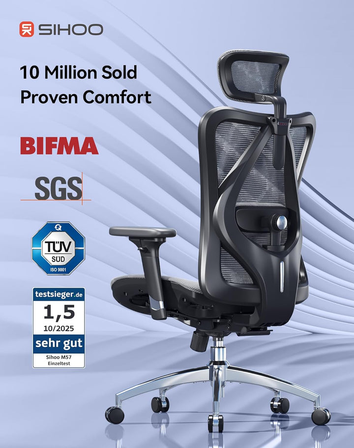 SIHOO Ergonomischer Bürostuhl, Chefsessel mit 3D verstellbare Armlehne und Lendenwirbelstütze, Hautf